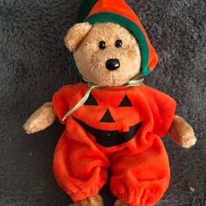 Ty Stuffed Bear in Orange Pumpkin Outfit